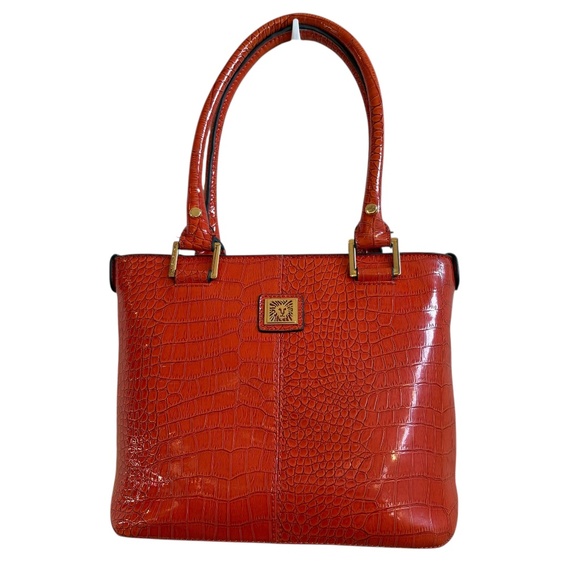 Anne Klein Faux Croc Embossed Tote Bag Orange Shoulder Purse Gold Hardware - Picture 1 of 16